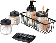 ست لوازم جانبی حمام SheeChung Mason Jar (6PCS) - دوغاب صابون کف دار ، نگهدارنده مسواک ، نگهدارنده Qtip ، شیشه های ضد عفونی کننده ، ظرف صابون ، سازمان دهنده ذخیره سازی سیم فلزی - تزئین خانه روستایی (سیاه) - سیاه