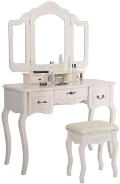 میز آرایشی سفید و سه برابر تاشو Allblessings میز توالت W / 5 کشو و مدفوع سبک پرنعمت