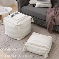 Buf Neutral Decorative Square Unfuffed Pouf - Braufed Handswoven Casual Ottoman Pouf Cover with Tassels & Soft Tufted، Cute Bed Rest / Cushion for اتاق نشیمن اتاق خواب، 18 "x18" x16 "