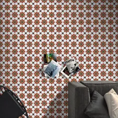 کاشی سیمانی دست ساز مراکش.  کاشی کف و دیواری 8 اینچی در 8 اینچ و کف اهفیر قرمز ، سبز ، قهوه ای و سفید