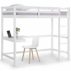 تختخواب خواب بلند VonHaus با میز |  دو طبقه مطالعه کاج سفید جامد |  تنها 3FT