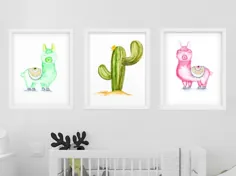 Llama wall Art ، مهد کودک Llama Twins ، چاپ کاکتوس ، لاما صورتی ، Llama سبز ، Twins