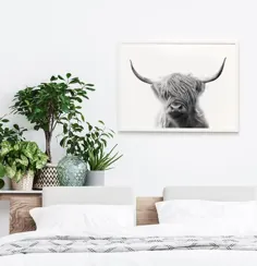 چاپ Highland Cow ART WALL ART سیاه و سفید |  اتسی