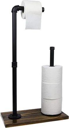 پایه نگهدارنده کاغذ توالت: توزیع کننده دستمال توالت توزیع کننده توالت آزاد با ذخیره ذخیره.  لوله چدنی صنعتی با پایه چوبی لکه دار.  اندازه: 28 "x 15.75"
