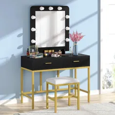 ست میز Vanity با چهارپایه روفرشی ، میز Vanity میز آینه روشن و 2 کشو برای دختران زنانه ، میز آرایش اتاق خواب