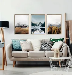 مجموعه ای از 3 منظره کوهستانی ، چاپ کوه برفی ، هنر وال کوه ، سفر به کانادا ، پوستر دریاچه کوه ، منظره طبیعت ، کوه های مه آلود