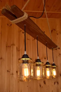 لامپ آویز چوبی شیشه های کنسرو ، شیشه ماسون ، لامپ روستایی ، لوستر سقفی ، لوازم آویز ، چراغ روشن روستایی