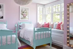 تختخوابهای دو قلوی دوک نخل آبی فیروزه ای با ملافه سفید روکش دار - معاصر - اتاق دخترانه