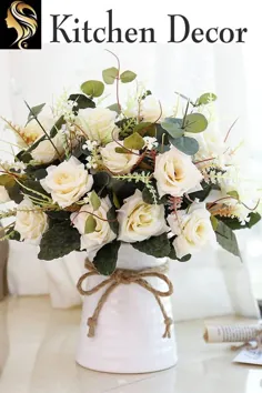 گلهای مصنوعی YILIYAJIA در گلدان دسته گلهای رز با گلدان سرامیک ، گلاب ابریشم تقلبی