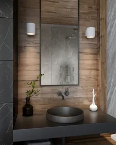 طراحی داخلی حمام با رنگ های تیره و خاکی - نورپردازی مدرن