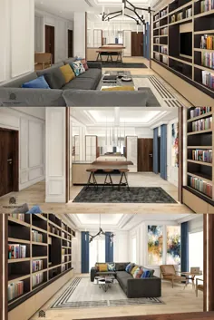 اتاق نشیمن با نوار خانگی و کتابخانه