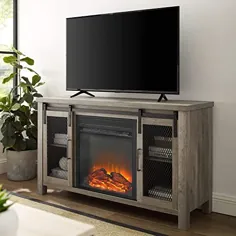 Walker Edison Tall Farmhouse Metal Mesh Barndoor and Wood Universal Fireplace Stand or TV up to 55 "Flat Screen Living Room Storage Storage Centre، 48 Inch، Grey Wash