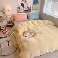 سرویس خواب مخمل بلوک رنگی Kawaii برای اتاق خواب اصلی |  ایده های دکوراسیون اتاق خواب راحت