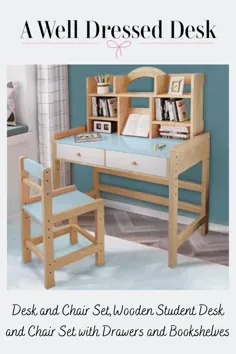 ست میز و صندلی ، ست میز و صندلی دانشجویی چوبی با کشوها و قفسه های کتاب پسرانه و دخترانه آبی