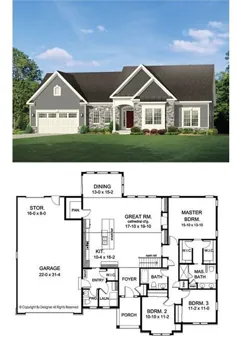 طرح خانه Ranch Style - 3 تختخواب 2.5 حمام 2006 Sq / Ft Plan # 1010-145