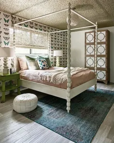 تختخواب سفید سایبان دار با کمد شب سبز - انتقالی - اتاق دخترانه