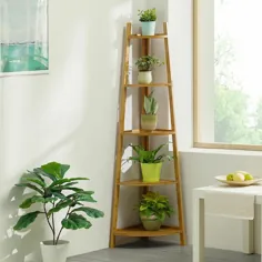 قفسه کتابخانه گوشه ای ایستاده گیاه گل چوبی بامبو نردبان قهوه ای ، 3 ردیف