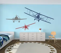عکس برگردان دیواری هواپیما ، مجموعه ای از سه هواپیما ، هواپیماهای دوطرفه و یک بال ، دکور هواپیما ، هواپیما