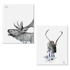 Rustic Double Exposure Clean Nature Deer and Moose منظره مجموعه ؛  دکوراسیون لجن کابین؛  دو پوستر کاغذی بدون قاب 11x14in - Walmart.com