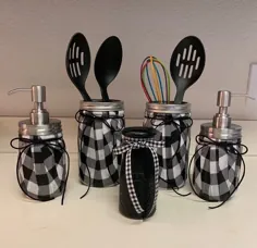 ست آشپزخانه چاپی 5 پارچه بوفالو ، ست ظروف سیاه و سفید شیشه ماسون ، دارنده ظروف شیشه ای Country Mason Jar ، مجموعه 5 قطعه مزرعه