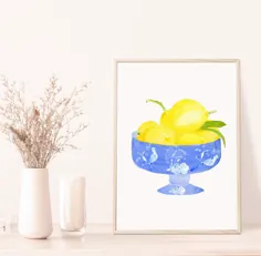 آبرنگ لیمو در کاسه آبی ، چاپ لیمو ، دیوار هنر آشپزخانه ، لیمو چینی آبی ، چاپ آشپزخانه ، لیمو در کاسه ، هدیه برای مادر