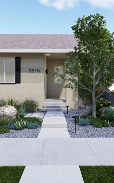 طراحی منظر حیاط جلوی کم آب و کم نگهداری با چمن، آگاو و شن