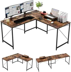 میز کار Bestier L Shaped Industrial Desktop 95.2 Inch Reversible Corner Corner یا میز طولانی 2 نفره برای دفتر کار خانگی ایستگاه کاری بازی بزرگ U شکل با پایه مانیتور و 3 سوراخ کابل ، قهوه ای روستایی