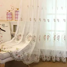 پرده های شفاف توری AiFish 63 اینچ طولانی برای دختران شاهزاده خانم جیب دار گلدوزی شده تزئین شده پرده های گاز دار / پنجره / نخ پارچه ای برای اتاق خواب 1 قطعه صورتی W52 x L84 اینچ