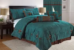 Rustic Turquoise Embroidery Star Western Microsuede Comforter - ست 7 تکه