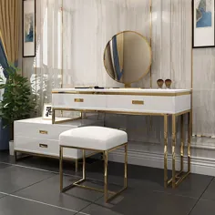 میز آرایشی مدرن و سفید با قابلیت آینه کابینت و چهارپایه