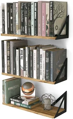 مجموعه قفسه های شناور مینیوری 3 پارچه ای ، واحد قفسه کتاب کوچک برای اتاق نشیمن ، دفتر و اتاق خواب ، تزیین دیواری چوبی روستیک سوخته طبیعی با براکت فلزی شناور