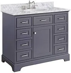 دستشویی حمام 42 اینچ آریا (Carrara / خاکستری ذغالی): شامل کابینت خاکستری ذغالی با کانتینر معتبر ایتالیایی Carrara سنگ مرمر و سینک ظرفشویی سفید و سرامیکی