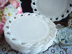 صفحات شیشه ای شیر سفید - مجموعه ای از پنج صفحه شیشه شیر سفید Fostoria Wistar - صفحات شیشه شیر 8 اینچی - شیشه شیر عروسی - عروسی پرنعمت