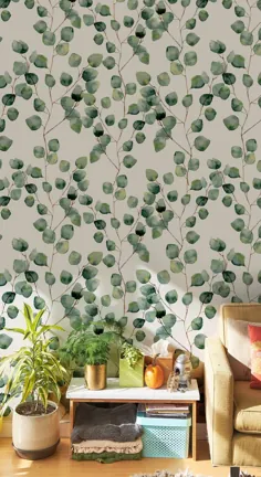 آبرنگ برگهای سبز پوست و کاغذ دیواری قابل جابجایی |  اتسی