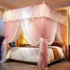 پرده تخت خواب صورتی و سفید لوتوس کارن پرنسس - 4 گوشه سایبان تختخواب پوستری برای دختران - پشه بند با رنگ کنتراست دو لایه - تزیینات اتاق خواب مجلل و زیبا (47 "W 78" L80 H ، دوقلو)