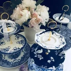 عروسی VINTAGE ، بید آبی ، پایه کیک Chinoiserie ، سینی خدمت ، Spode ، Staffordshire ، صفحات ناسازگار ، سفید آبی ، هدیه عروس