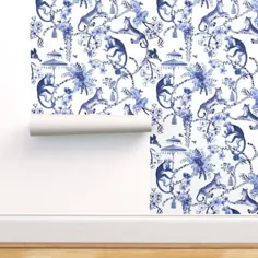 کاغذ دیواری Chinoiserie Chinoiserie آبی و سفید با الگو |  اتسی