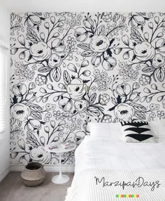 کاغذ دیواری سیاه و سفید Nursery_wall mural Floral |  اتسی