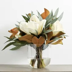 DarbyCreekTrading Large Real Touch White Magnolia و اوکالیپتوس در گلدان شیشه ای گرد ، ابریشم ، اندازه کوچک (8 "-1.5") بزرگ (2 "- 2.5")