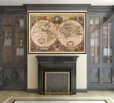 نقشه جهان قدیم تولید مثل هنرهای زیبا عتیقه 1630 چاپ شده توسط |  اتسی