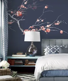 دکوراسیون دکوراسیون داخلی اتاق زنانه دکوراسیون هتل papier peint japonais fleur mei sur fond bleu foncé - آتلیه WYBO
