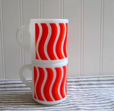 2 لیوان قهوه لیوان شیشه شیر Vintage راه راه موج دار نارنجی قرمز |  اتسی