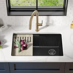 سینک ظرفشویی آشپزخانه تک کاسه ای گرانیت کامپوزیتی KRAUS Bellucci Workstation 30 Inch در سیاه و سفید متالیک با لوازم جانبی ، KGUW2-30MBL