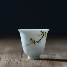 Jingdezhen سرامیک نقاشی با دست و گل و پرندگان فنجان لیوان پاستل مایل به زرد چای کونگ فو مجموعه فنجان چای جام جام