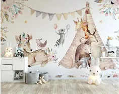 حیوانات سافاری جنگلی کاغذ دیواری اتاق مهد کودک ، کاغذ دیواری غیربافته ، کاغذ دیواری پوست و چوب