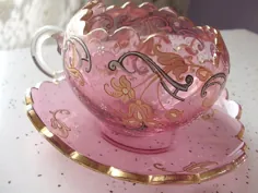 ست لیوان چای لیوان صورتی Moser 1920 عتیقه ، لیوان Bohemian ، لیوان چک ، فنجان و نعلبکی چای نقاشی دستی ، هدیه عروسی صورتی ، لیوان عتیقه