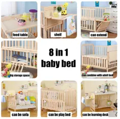 تخت چوبی 8 در 1 با قفسه!  تخت نوزاد تمدید ، تخت کودک قابل تنظیم با ارتفاع 3 درجه.  قیمت بالا!