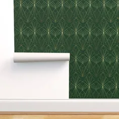 کاغذ دیواری قابل جابجایی و استیک سبز 3ft x 2ft Roll Emerald Jade Art Deco Shiny Gold 20S Flapper Girl By Spoonflower