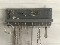 نگهدارنده گردنبند سازنده طلا و جواهر خاکستری 14 قلاب با قلاب های نقره ای - چوبی روستیک دیواری ، دستبند گردنبند ، گوشواره