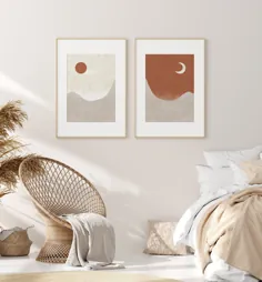 چاپ خاکی روز و شب مایل به قهوهای مایل به قرمز ، هنر دیواری مایل به قهوه ، مجموعه ای از دو چاپ منظره انتزاعی ، چاپ خورشید و ماه ژاپندی هنر نارنجی سوخته